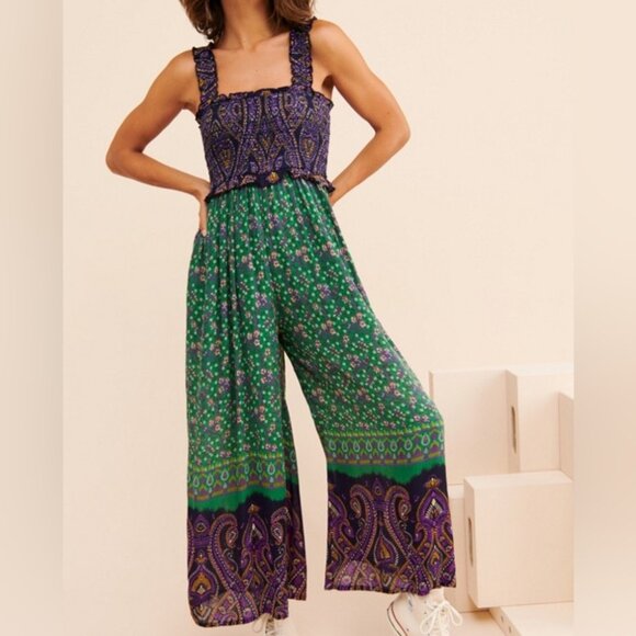 NWT Urban Outfitters Purple and Black Smocked Jumpsuit
